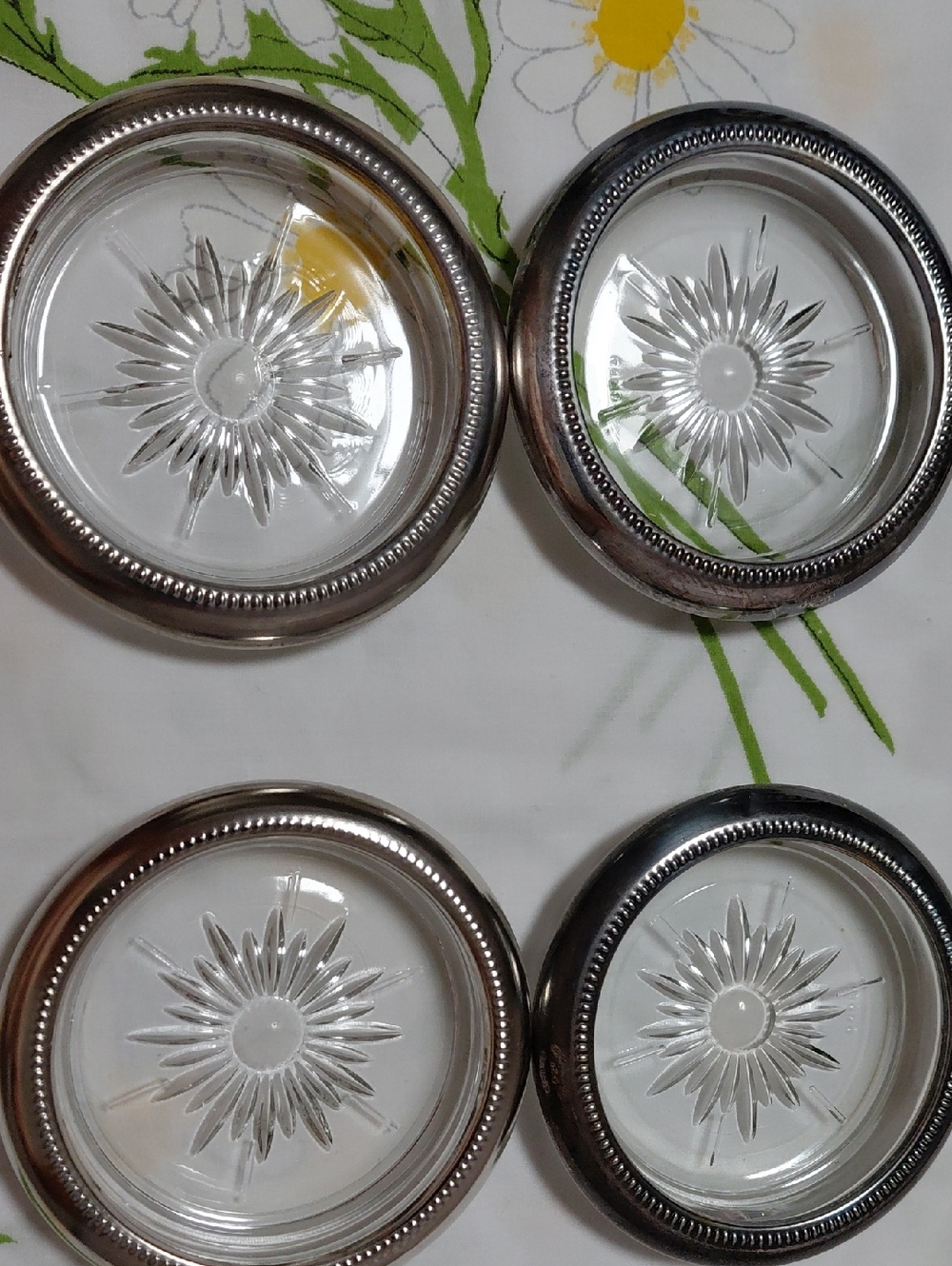 Set of 4 Decorative Glass Coasters with Silver-Tone Rims